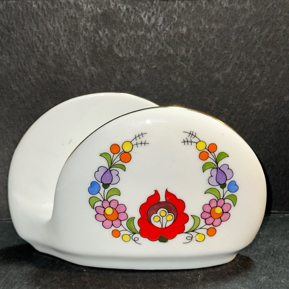 Vtg Kalocsa Hungary Porcelain Hand-painted Napkin/Envelope/Mail Holder MCM Style